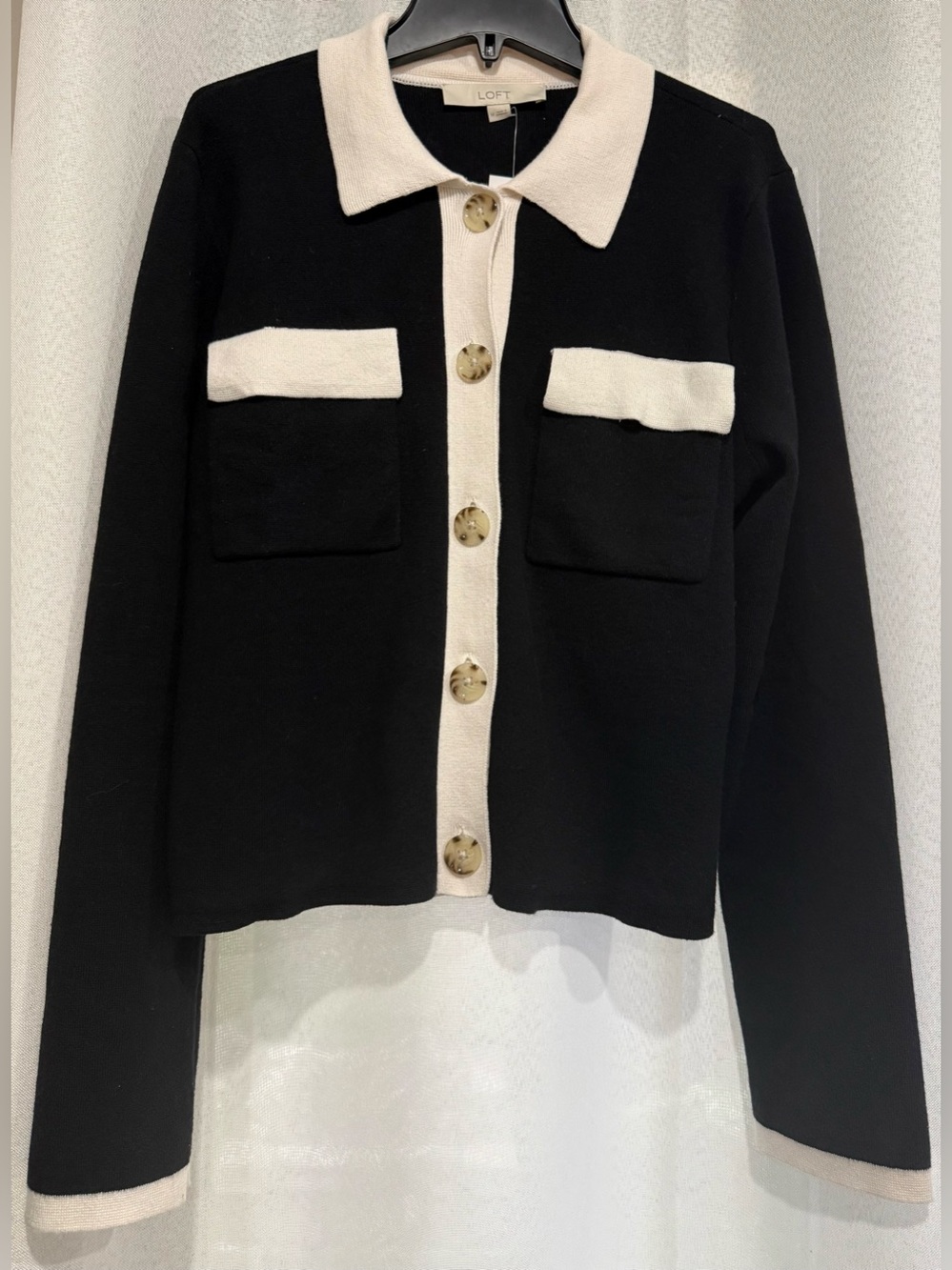 NWT LOFT Tipped Sweater Jacket Cardigan Black/Ivory Medium